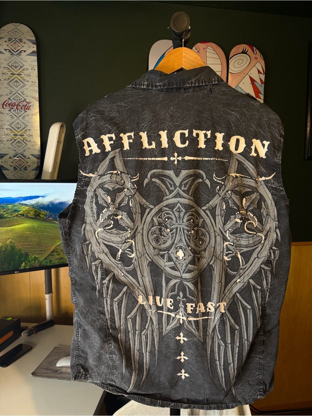 Affliction Black Graphic Sleeveless Jacket with Cream Accents live fast tank